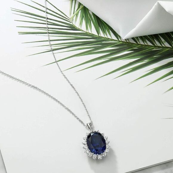 .925 Sterling Silver and Blue Sapphire & Cubic Zirconia Pendant Chain Necklace - Picture 4 of 5